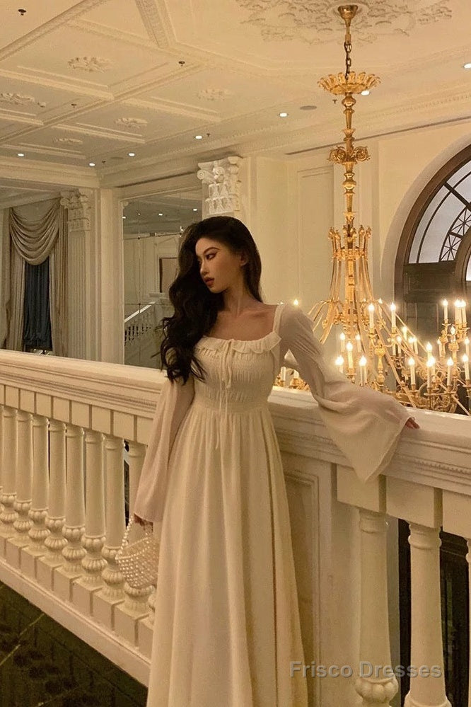 Gorgeous A Line Square Neckline Long Sleeves Ivory Date Night Dress Prom Dresses Birthday Outfit