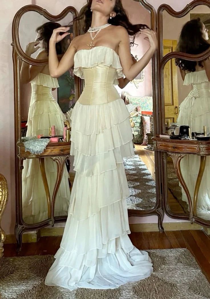 Gorgeous  A-Line Strapless Chiffon Long Prom Dresses Formal Evening Dress