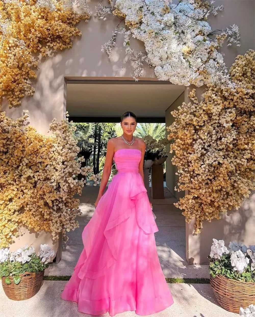 Gorgeous A Line Strapless Pink Long Prom Dress