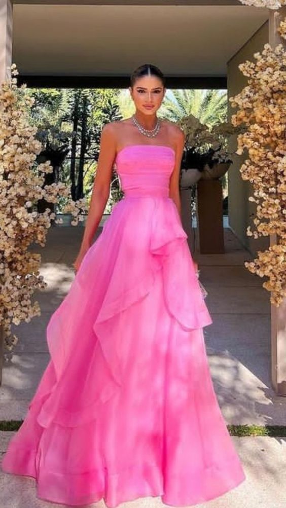 Gorgeous A Line Strapless Pink Long Prom Dress Main image