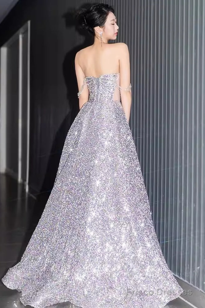 Gorgeous A Line Strapless Sequin Silver Prom Dress
