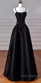 Gorgeous A Line Straps Satin Black Formal Prom Dress