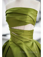 Gorgeous Balll Gown Strapless Green Satin Ruffles Long Evening Dress Formal Prom Dress