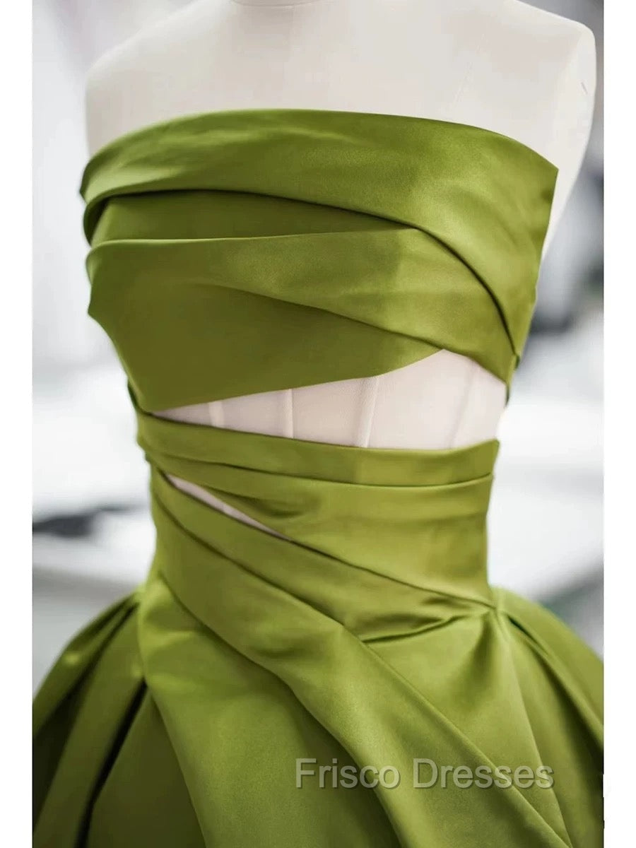 Gorgeous Balll Gown Strapless Green Satin Ruffles Long Evening Dress Formal Prom Dress