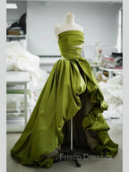 Gorgeous Balll Gown Strapless Green Satin Ruffles Long Evening Dress Formal Prom Dress