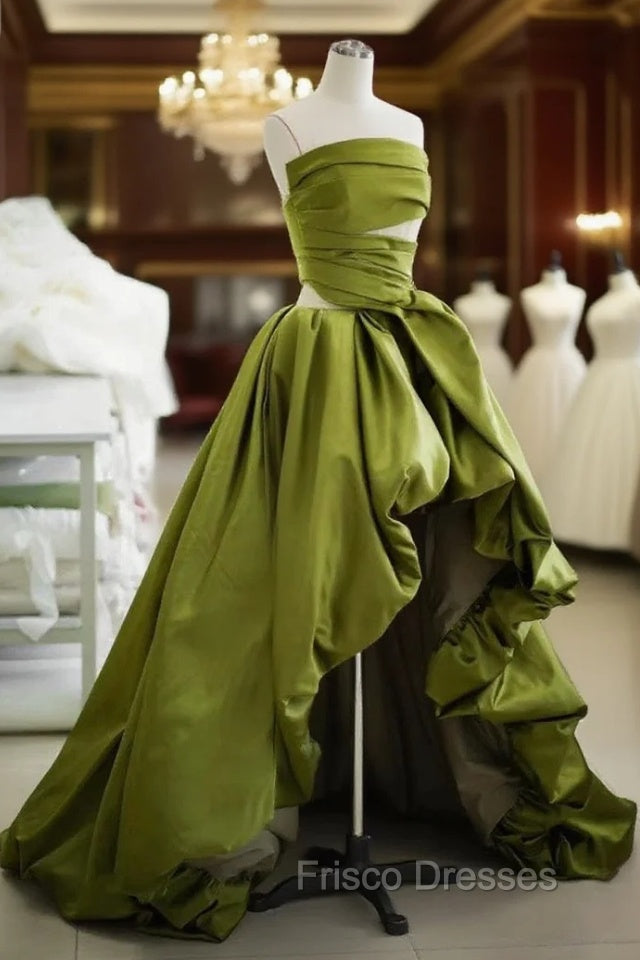 Gorgeous Balll Gown Strapless Green Satin Ruffles Long Evening Dress Formal Prom Dress Main image