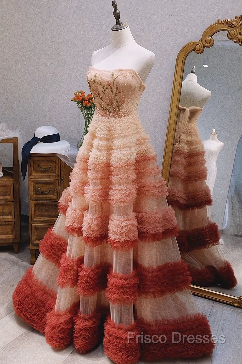 Gorgeous Balll Gown Strapless Tulle Pink Ruffles Long Formal Dress Formal Prom Dress Secondary image