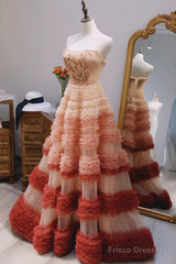 Gorgeous Balll Gown Strapless Tulle Pink Ruffles Long Evening Dress Prom Dresses