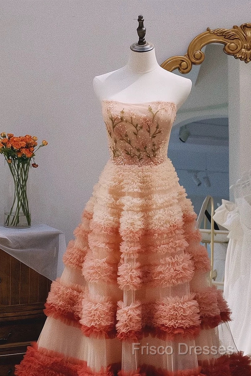 Gorgeous Balll Gown Strapless Tulle Pink Ruffles Long Formal Dress Formal Prom Dress