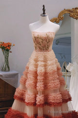 Gorgeous Balll Gown Strapless Tulle Pink Ruffles Long Evening Dress Prom Dresses