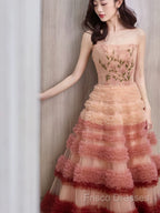 Gorgeous Balll Gown Strapless Tulle Pink Ruffles Long Formal Dress Formal Prom Dress
