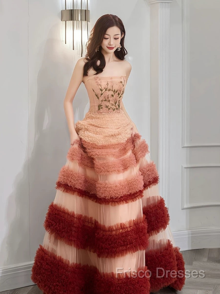 Gorgeous Balll Gown Strapless Tulle Pink Ruffles Long Formal Dress Formal Prom Dress