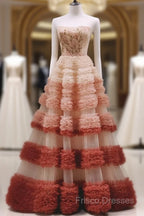 Gorgeous Balll Gown Strapless Tulle Pink Ruffles Long Formal Dress Formal Prom Dress