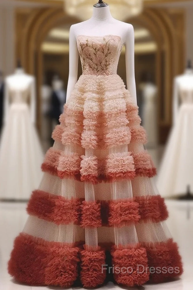 Gorgeous Balll Gown Strapless Tulle Pink Ruffles Long Formal Dress Formal Prom Dress