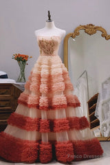 Gorgeous Balll Gown Strapless Tulle Pink Ruffles Long Evening Dress Prom Dresses