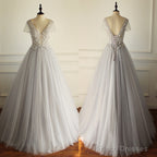 Gorgeous Beading Appliques Unique Gray Tulle A-Line Short Sleeve Lace Up Back Wedding Dress
