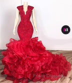Gorgeous Beads Appliques Red Formal Prom Dress Ruffles Fit and Flare Alluring Evening Gowns