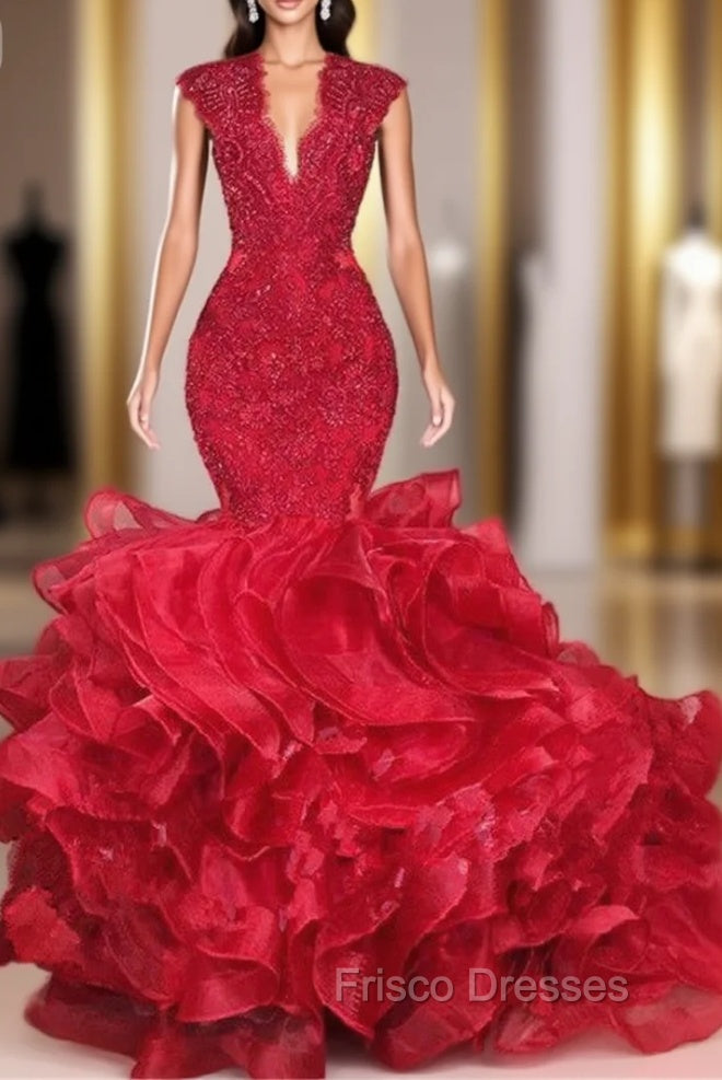 Gorgeous Beads Appliques Red Formal Prom Dress Ruffles Fit and Flare Alluring Evening Gowns Main image