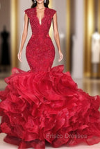Gorgeous Beads Appliques Red Formal Prom Dress Ruffles Fit and Flare Alluring Evening Gowns