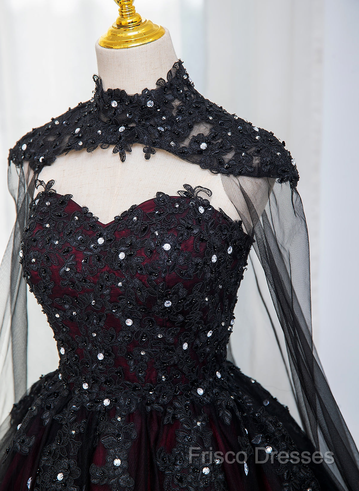 Gorgeous Black And Red Tulle Ball Gown Sweet 16 Dress With Cape, Long Formal Prom Dress Secondary image