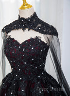 Gorgeous Black And Red Tulle Ball Gown Sweet 16 Dress With Cape, Long Formal Prom Dress