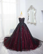 Gorgeous Black And Red Tulle Ball Gown Sweet 16 Dress With Cape, Long Formal Prom Dress