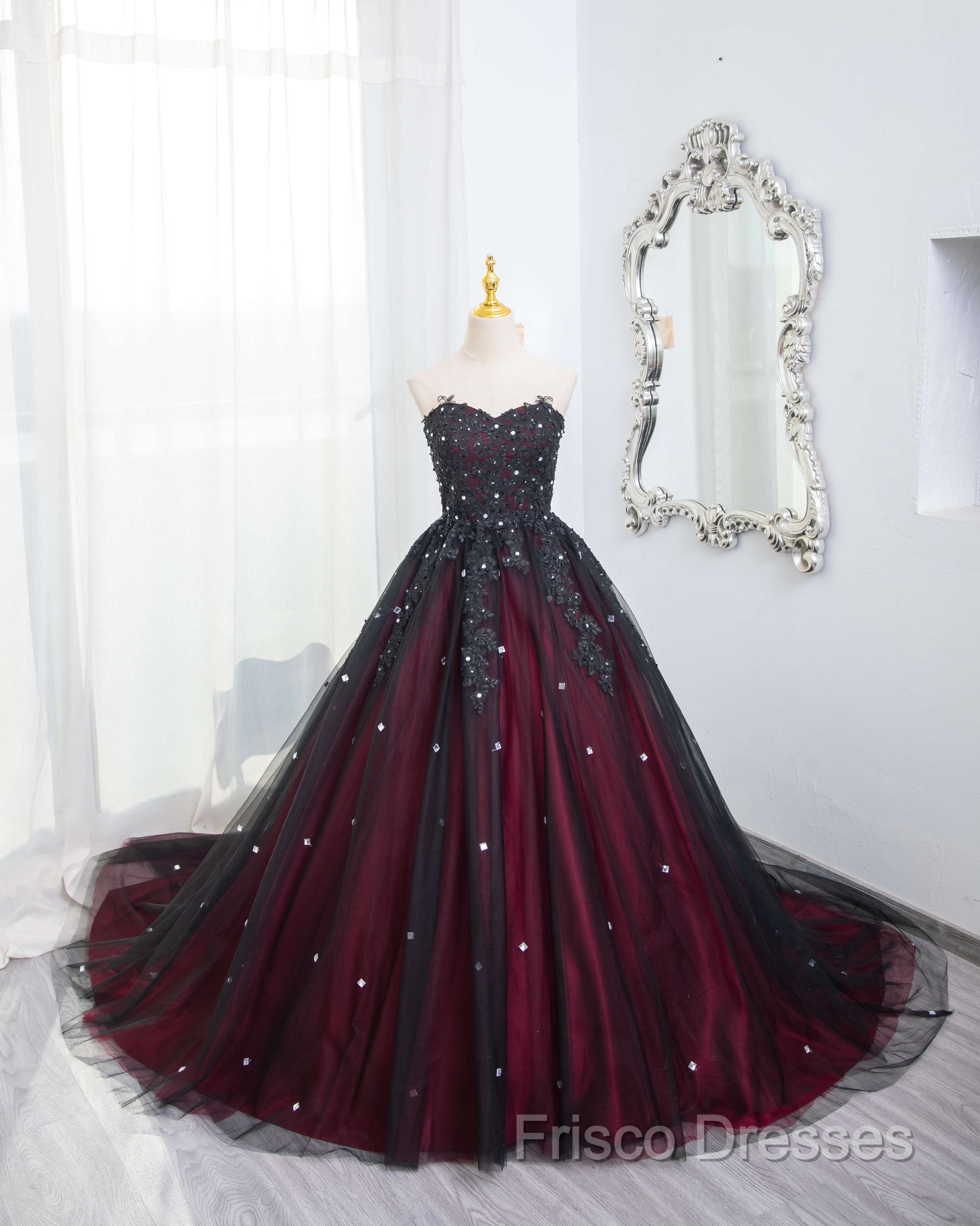 Gorgeous Black And Red Tulle Ball Gown Sweet 16 Dress With Cape, Long Formal Prom Dress