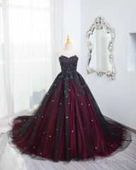 Gorgeous Black And Red Tulle Ball Gown Sweet 16 Dress With Cape, Long Prom Dress
