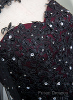 Gorgeous Black And Red Tulle Ball Gown Sweet 16 Dress With Cape, Long Formal Prom Dress