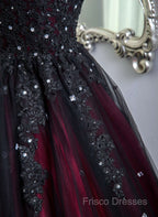 Gorgeous Black And Red Tulle Ball Gown Sweet 16 Dress With Cape, Long Formal Prom Dress