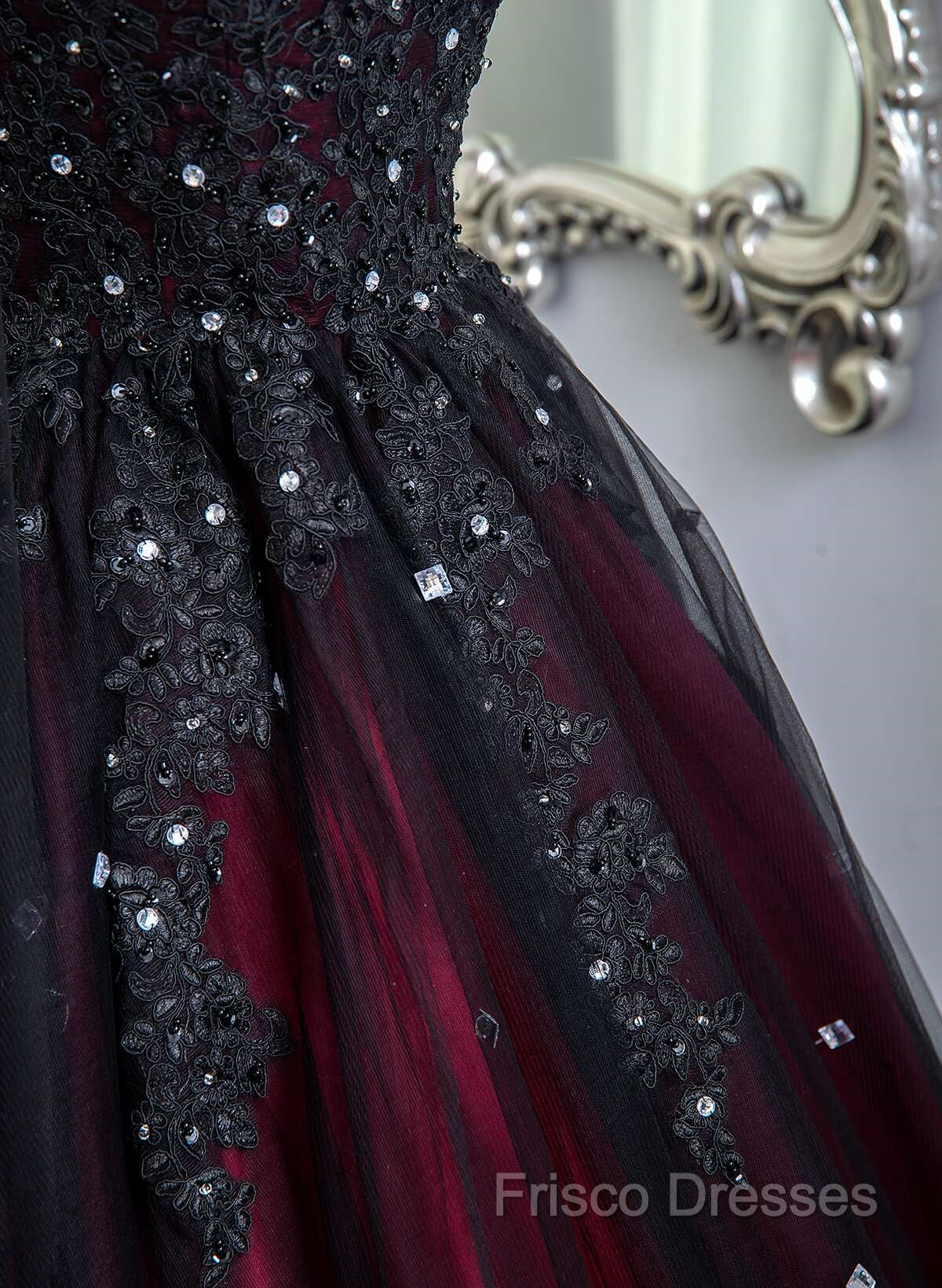Gorgeous Black And Red Tulle Ball Gown Sweet 16 Dress With Cape, Long Formal Prom Dress