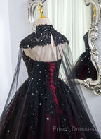 Gorgeous Black And Red Tulle Ball Gown Sweet 16 Dress With Cape, Long Formal Prom Dress