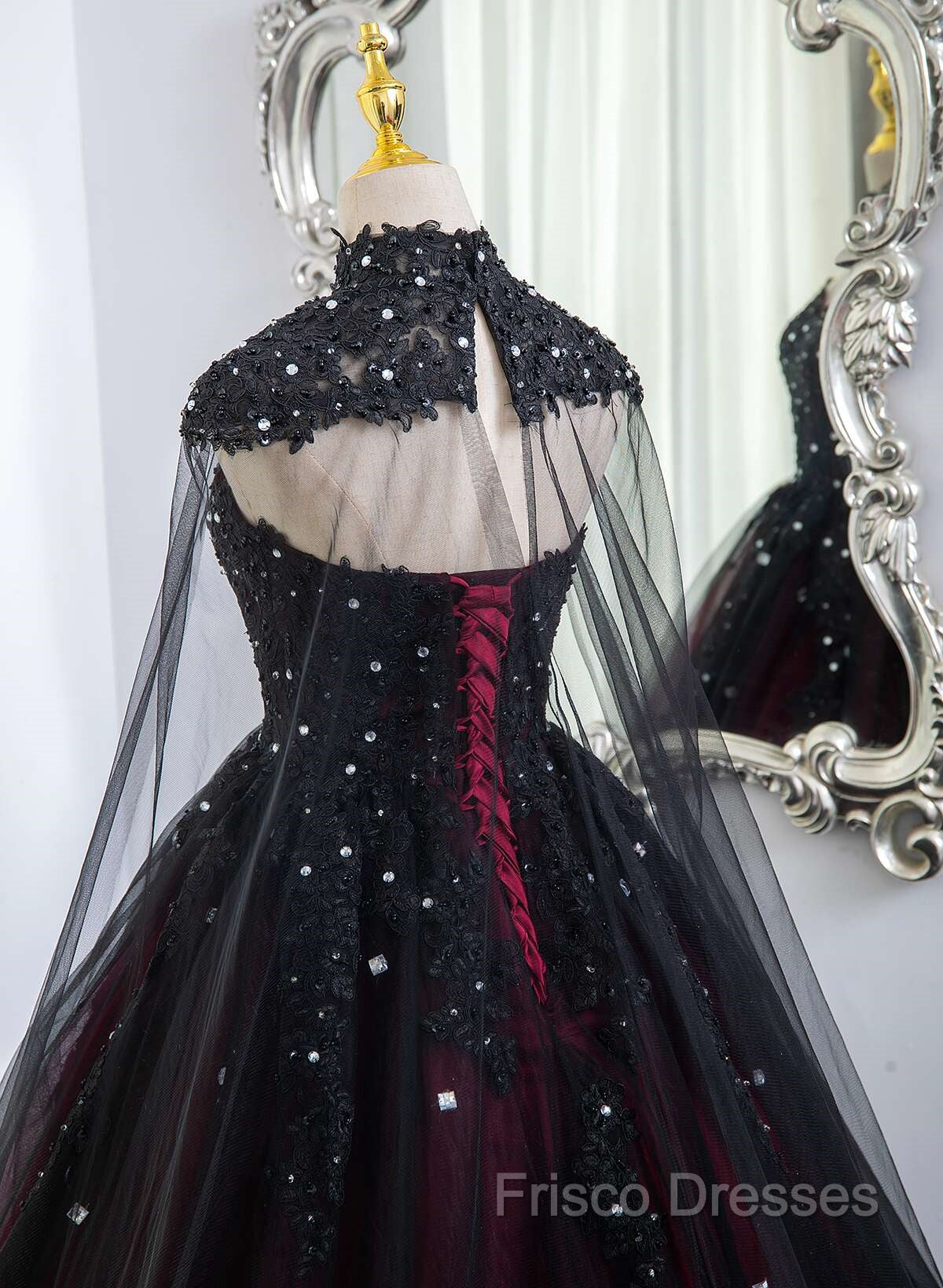 Gorgeous Black And Red Tulle Ball Gown Sweet 16 Dress With Cape, Long Formal Prom Dress