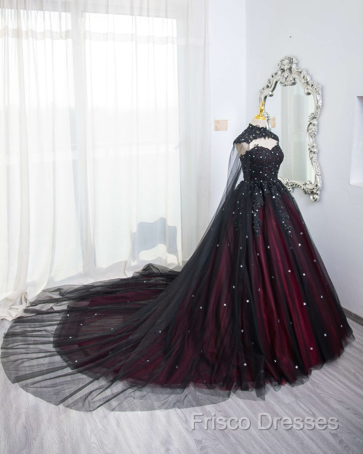 Gorgeous Black And Red Tulle Ball Gown Sweet 16 Dress With Cape, Long Formal Prom Dress
