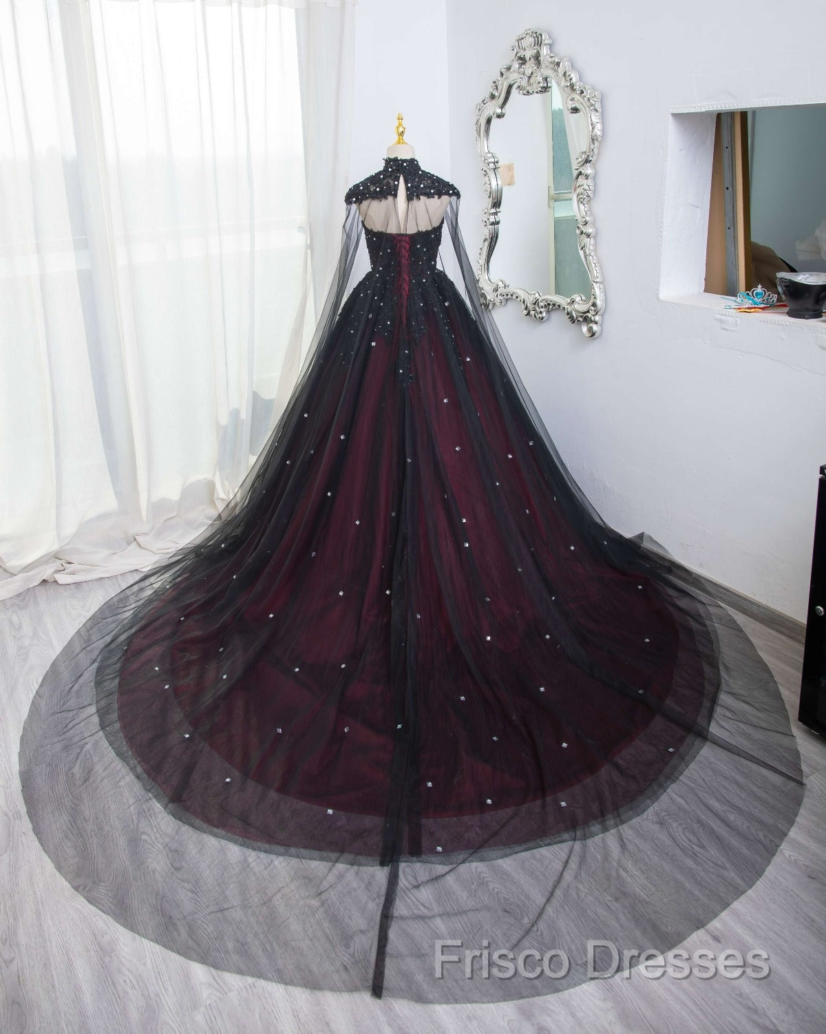 Gorgeous Black And Red Tulle Ball Gown Sweet 16 Dress With Cape, Long Formal Prom Dress