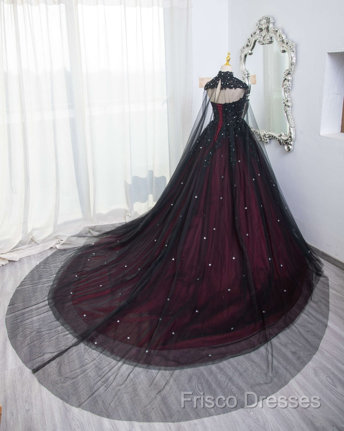 Gorgeous Black And Red Tulle Ball Gown Sweet 16 Dress With Cape, Long Formal Prom Dress