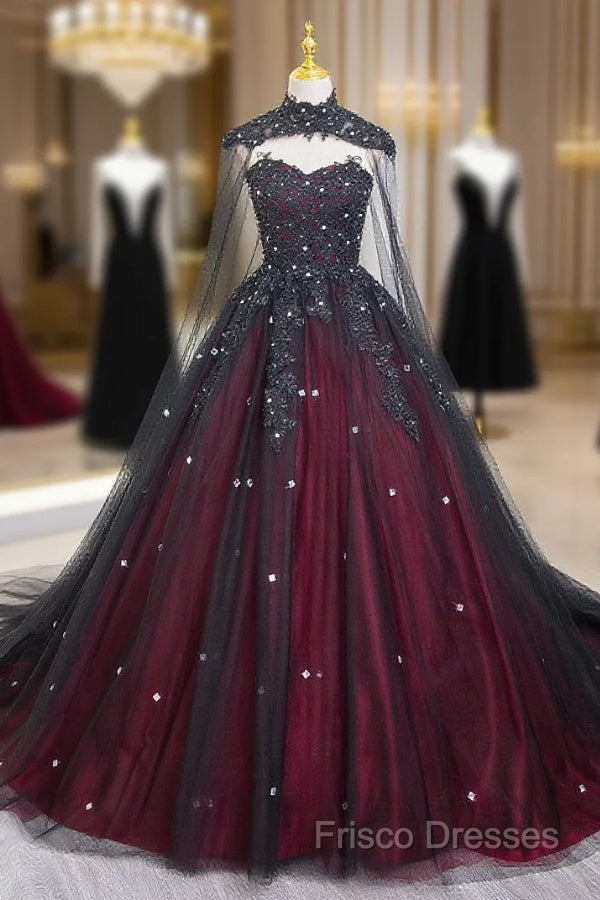 Gorgeous Black And Red Tulle Ball Gown Sweet 16 Dress With Cape, Long Formal Prom Dress Main image