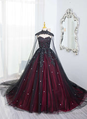 Gorgeous Black And Red Tulle Ball Gown Sweet 16 Dress With Cape, Long Prom Dress