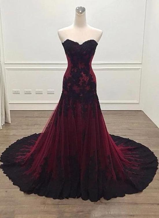 Gorgeous Black And Wine Red Mermaid Long Evening Gown Party Dress, Sweetheart Lace Formal Dresses