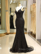 Gorgeous Black Evening Dress Mermaid Luxury Heavy Beaded Straps Long Formal Evening Dress
