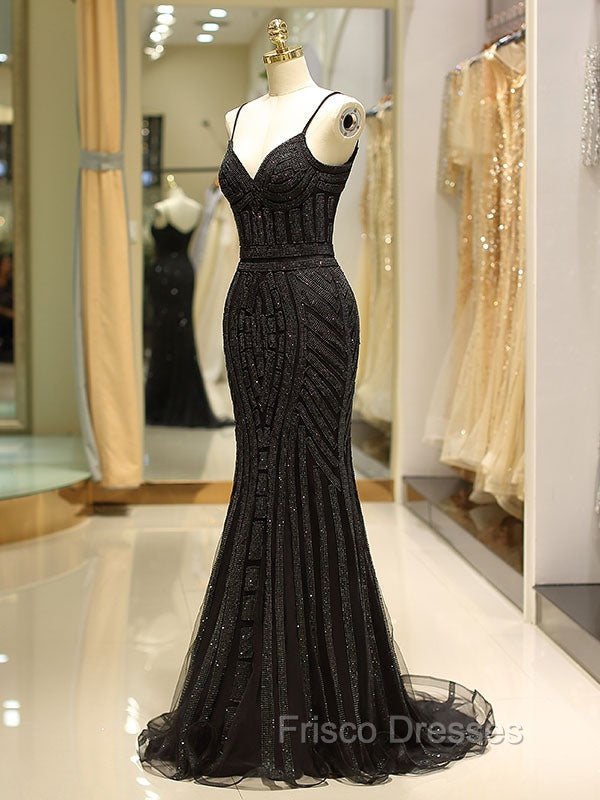 Gorgeous Black Evening Dress Mermaid Luxury Heavy Beaded Straps Long Formal Evening Dress
