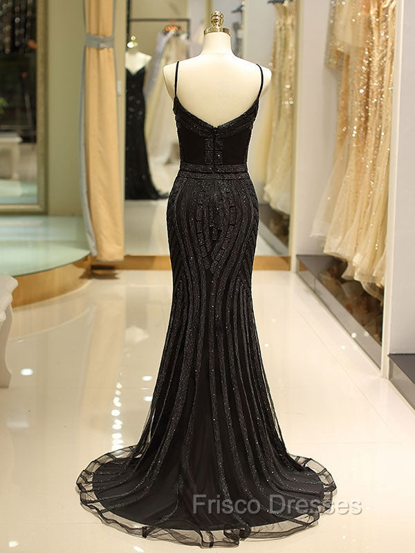 Gorgeous Black Evening Dress Mermaid Luxury Heavy Beaded Straps Long Formal Evening Dress