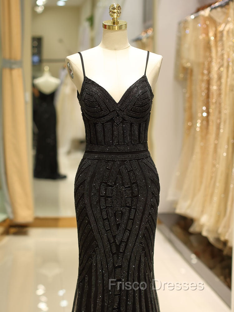 Gorgeous Black Evening Dress Mermaid Luxury Heavy Beaded Straps Long Formal Evening Dress
