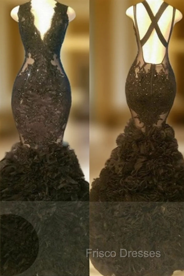 Gorgeous Black Mermaid V-Neck Tulle Appliques Open-Back Formal Prom Party Gowns
