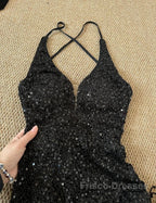 Gorgeous Black Sequin Mermaid Spaghetti Strap Vling Long Formal Prom Dress Backless Formal Evening Dress