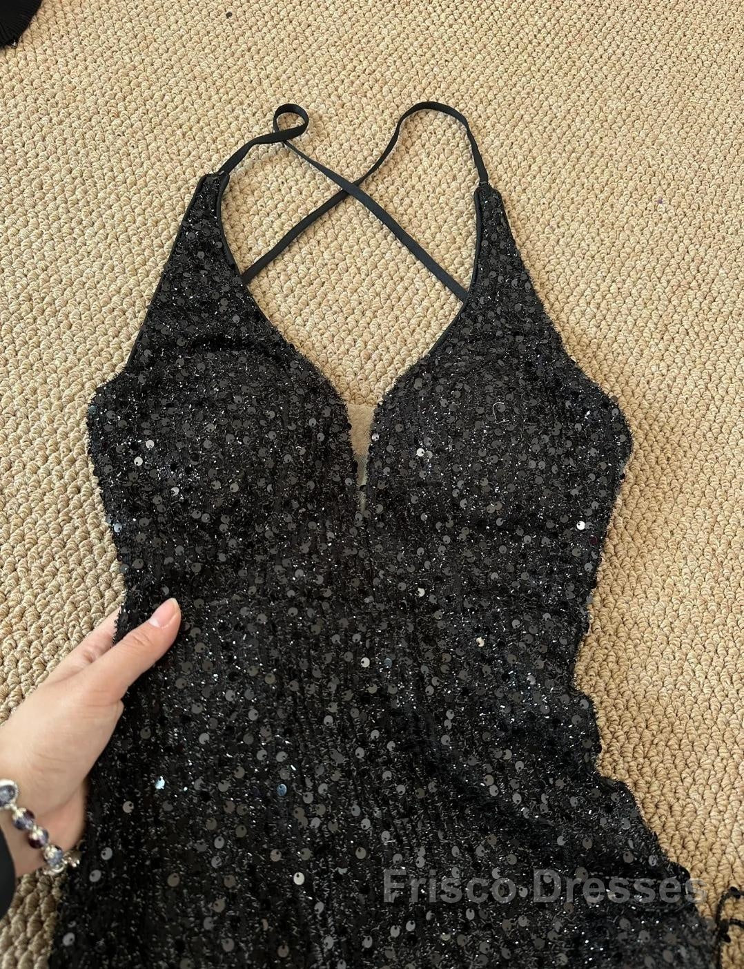 Gorgeous Black Sequin Mermaid Spaghetti Strap Vling Long Formal Prom Dress Backless Formal Evening Dress