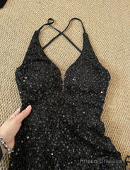 Gorgeous Black Sequin Mermaid Spaghetti Strap Vling Long Prom Dress Backless Formal Evening Dress
