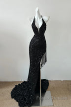 Gorgeous Black Sequin Mermaid Spaghetti Strap Vling Long Formal Prom Dress Backless Formal Evening Dress