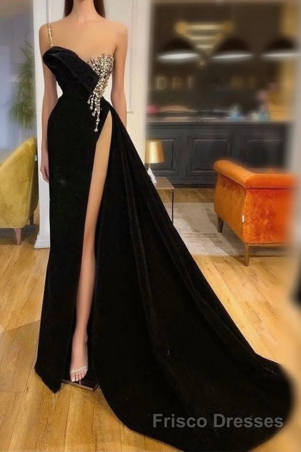 Gorgeous Black Split Front One Shoulder Formal Prom Dresses With Beading Main image
