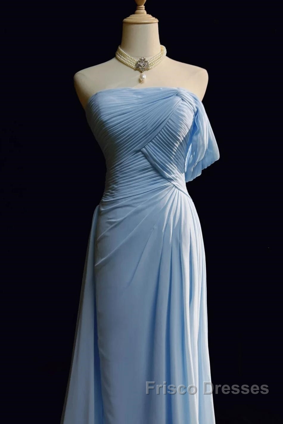 Gorgeous Blue A-Line Chiffon Pleated One Shoulder Slit Long Evening Gown Ball Gown Wedding Dress Secondary image